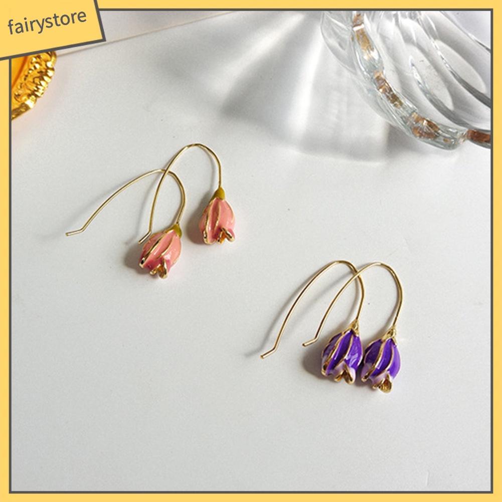 Khuyên tai dáng dài mặt hình hoa tulip phong cách vintage tùy chọn màu sắc