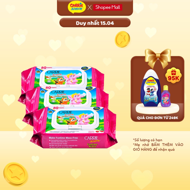 Combo 3 Gói Khăn Giấy Ướt Carrie Junior Funtime Cheeky Cherry 80 tờ/gói