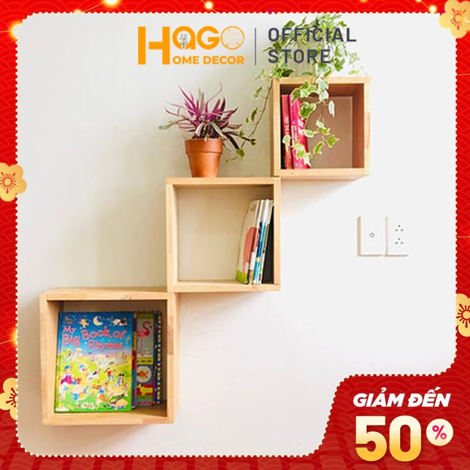Kệ gỗ, Giá gỗ. kệ sách treo tường hình vuông độc đáo bằng gỗ thông tự nhiên