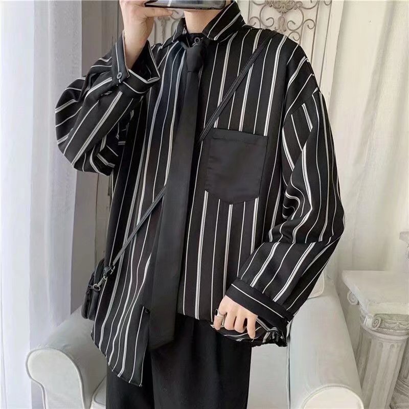 Áo Sơ Mi Dài Tay Dáng Rộng Họa Tiết Kẻ Sọc Dọc Kèm Cà Vạt Phong Cách Anh Quốc Cho Nam