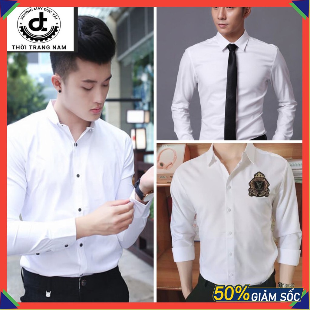 Áo sơ mi nam [FREESHIP] sơ mi nam trắng , đen , họa tiết logo dài tay trẻ trung cổ tàu hàn quốc cao cấp