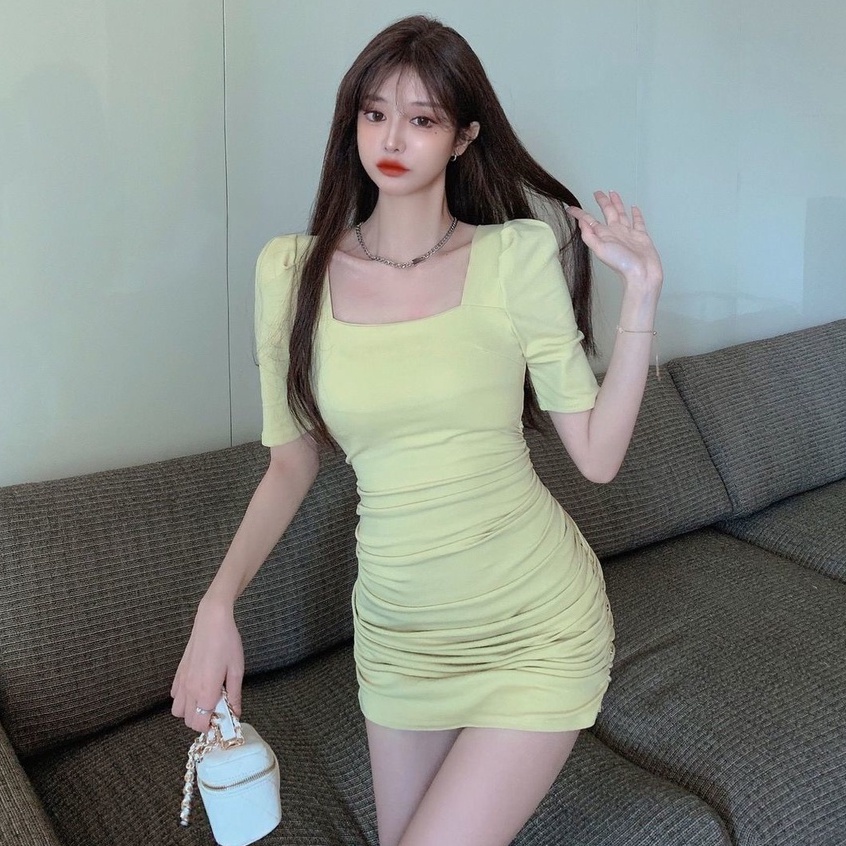 Đầm Ngắn Ôm Eo Tay Phồng Cổ Vuông Xếp Ly Màu Trơn Phong Cách Thời Trang Mới Dành Cho Nữ