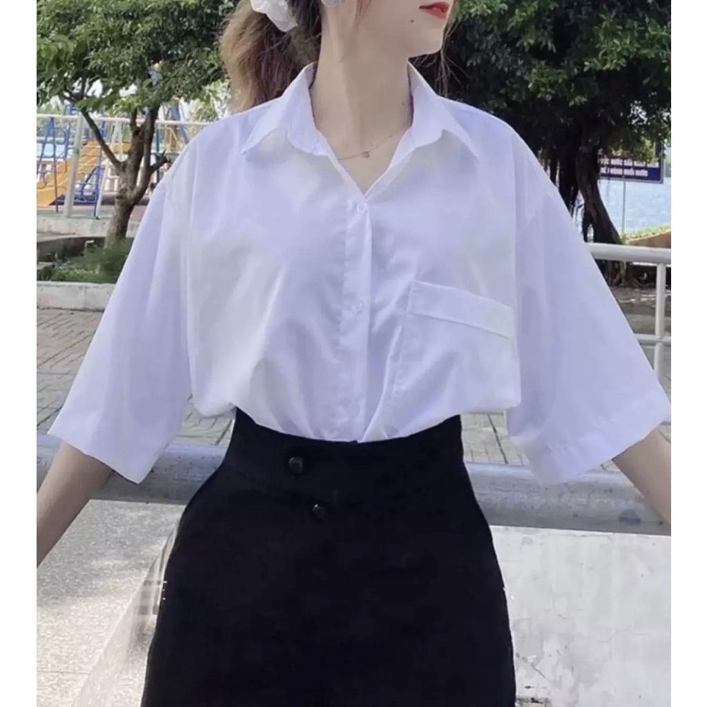 Áo Sơ Mi Nữ Học Sinh Vải Kate Tay Lỡ Túi Ngố Unisex [Kèm Ảnh Thật] Mẫu 44kg