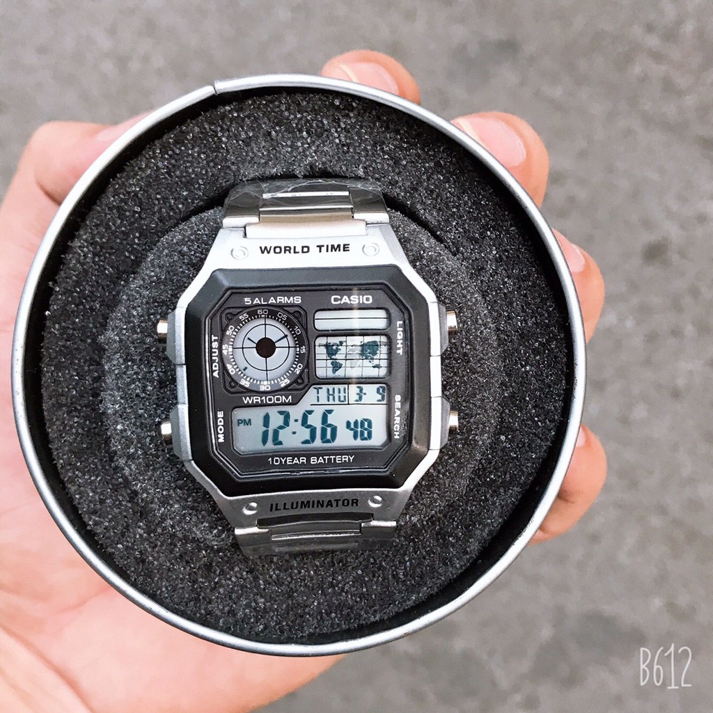 ✴[Box thiếc] Đồng hồ nam Casio AE 1200-WHD classic chống nước , dây thép không gỉ (dây bạc mặt đen)