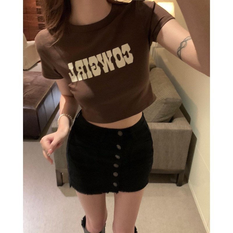 Áo Thun Croptop Tay Ngắn Dáng Ôm Màu Kaki Có In Chữ Tiếng Anh Thời Trang Hàn Quốc Mùa Hè 2022 Áo Nữ