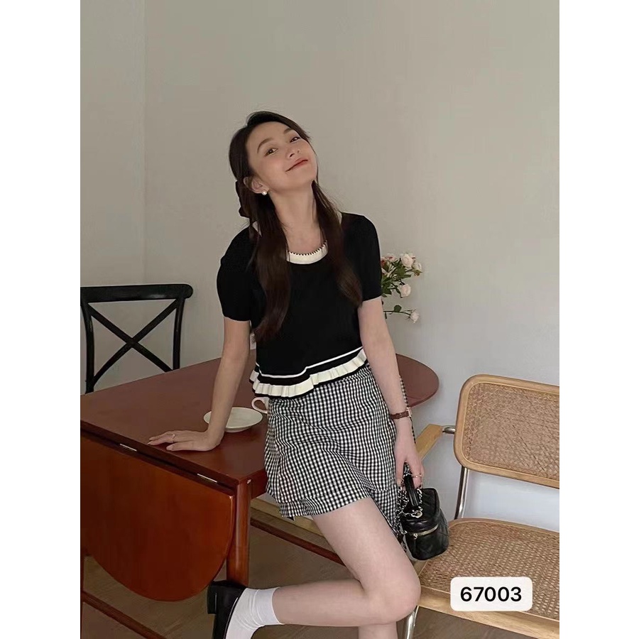ÁO DỆT KIM TAY PHỒNG NHẸ VẠT ÁO DÚN BÈO VIỀN CỘ MÀU TƯƠNG PHẢN DUYÊN DÁNG ĐIỆU ĐÀ 67003