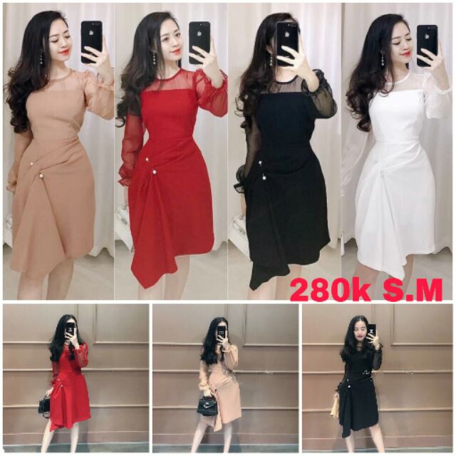 Sẵn Đỏ xả kho Váy đỏ xòe nữ pha cổ voan dài tay nhún hôngthiết kế chất đẹp cài ngọc tay voan (ảnh thật)