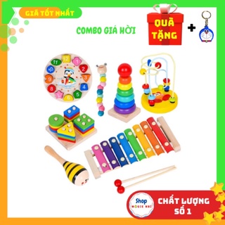 Combo đồ chơi giáo dục bằng gỗ phát triển trí não, vận động cho bé: đàn 8 thanh, Hạt gỗ luồn, đồng hỗ xâu hạt, thả cọc h
