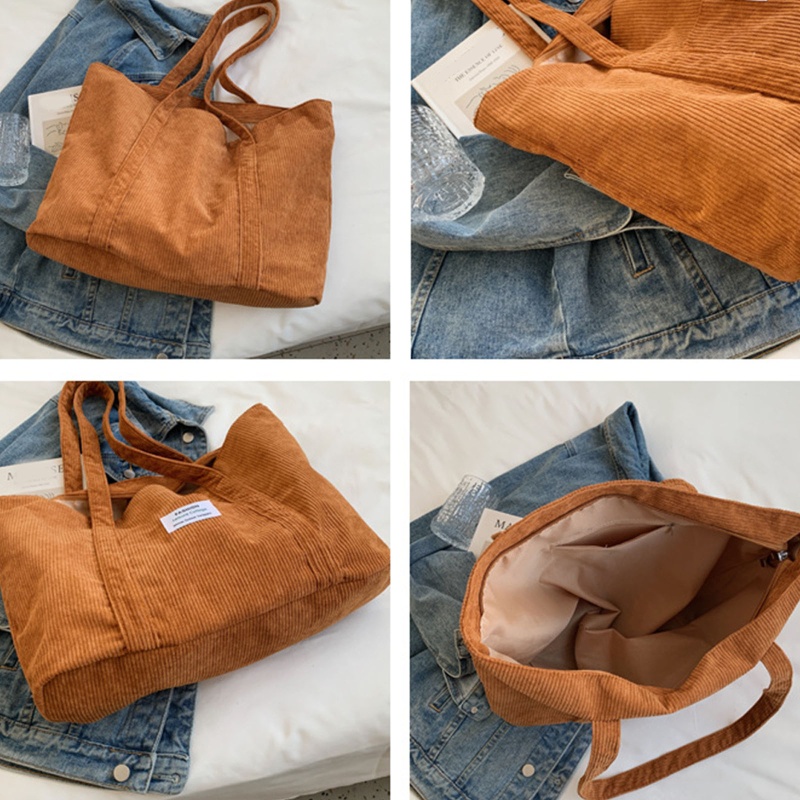 Túi Xách Tote Vải Nhung Kẻ Vintage Dung Tích Lớn Màu Trơn Thời Trang Cho Nữ