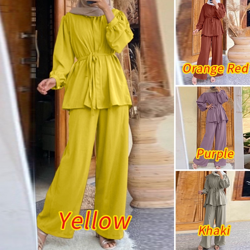 Zanzea Bộ Áo Tay Phồng + Quần Dài Ống Rộng Co Giãn Thời Trang Đường Phố Hồi Giáo Cho Nữ