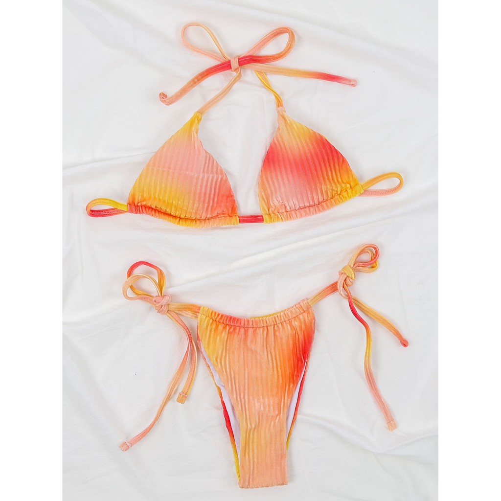 [BKN1385] &lt;ÂU&gt; SET BIKINI TRIANGLE NHUNG GÂN OMBRE CAM/TÍM