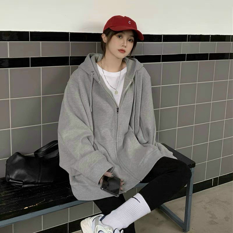 Áo Khoác Nỉ Nữ Dây Khóa Kéo Màu Xám Có Nón Trơn Form Rộng Mặc Che Nắng Chắn Gió Tốt [NEW UNISEX]