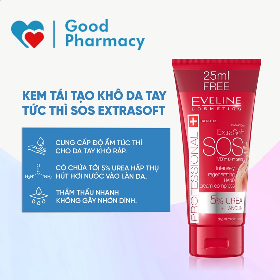 Kem dưỡng da tay Eveline Cosmetics Extra Soft Sos Regenerating dưỡng mềm mịn tức thì, không nhờn dính, ngăn khô ráp da