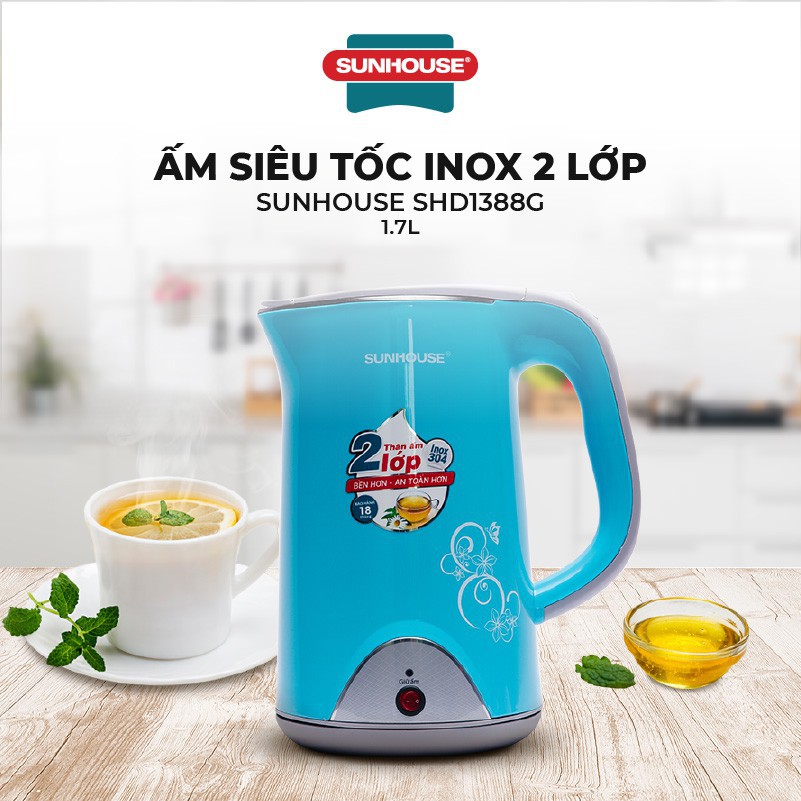 Ấm siêu tốc Inox 2 lớp Sunhouse SHD1388 xanh nhạt