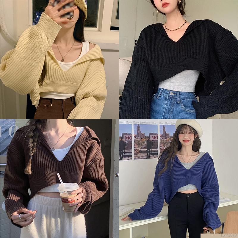 Áo Croptop dệt kim tay dài dáng rộng thoải mái phong cách thời trang