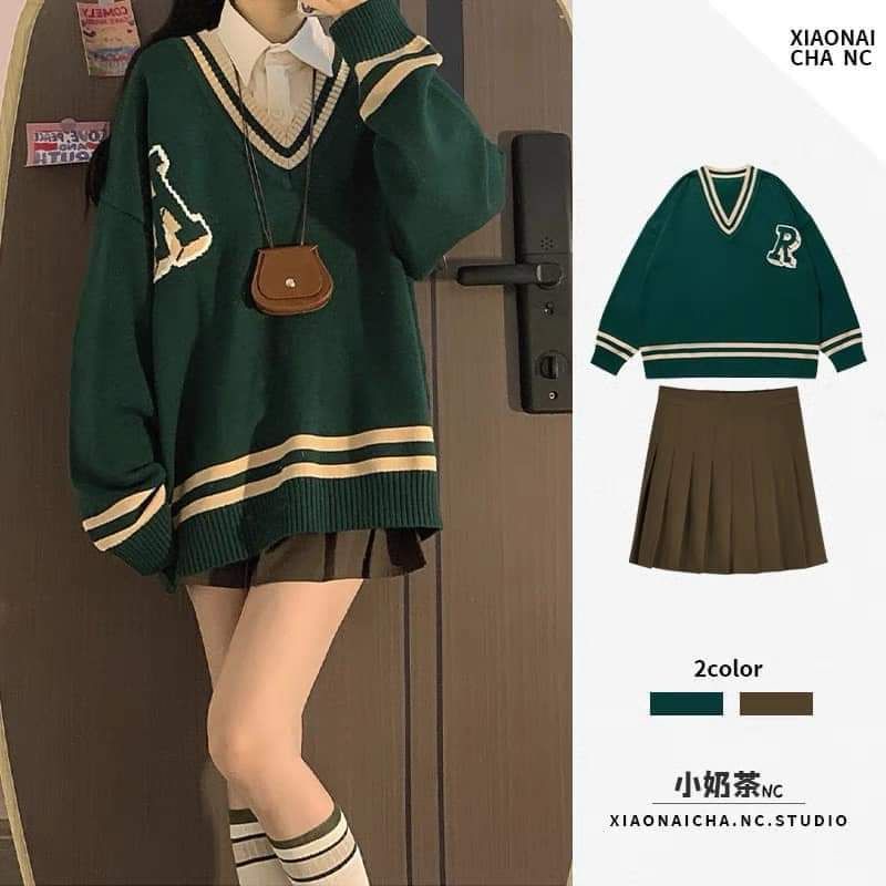 Áo len cổ V phối viền trắng in chữ R form rộng oversize dày dặn mềm mịn phong cách Preppy Hàn Quốc 226