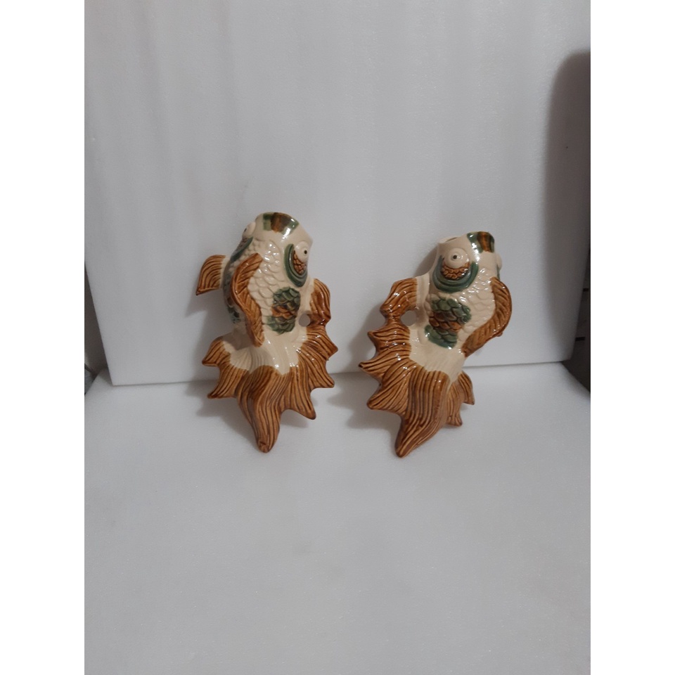 Chậu, bình gốm cá treo tường men trắng nâu