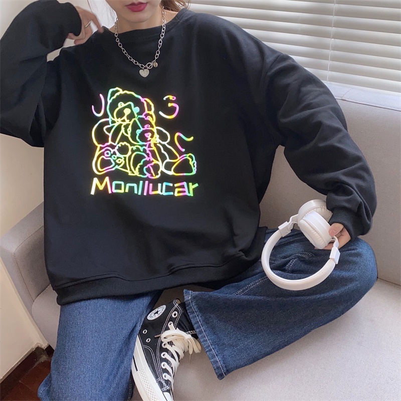 ZHELIHANGFEI Áo Sweater Tay Dài Cổ Tròn Form Rộng Họa Tiết In Theo Phong Cách Preppy Dễ Phối Đồ