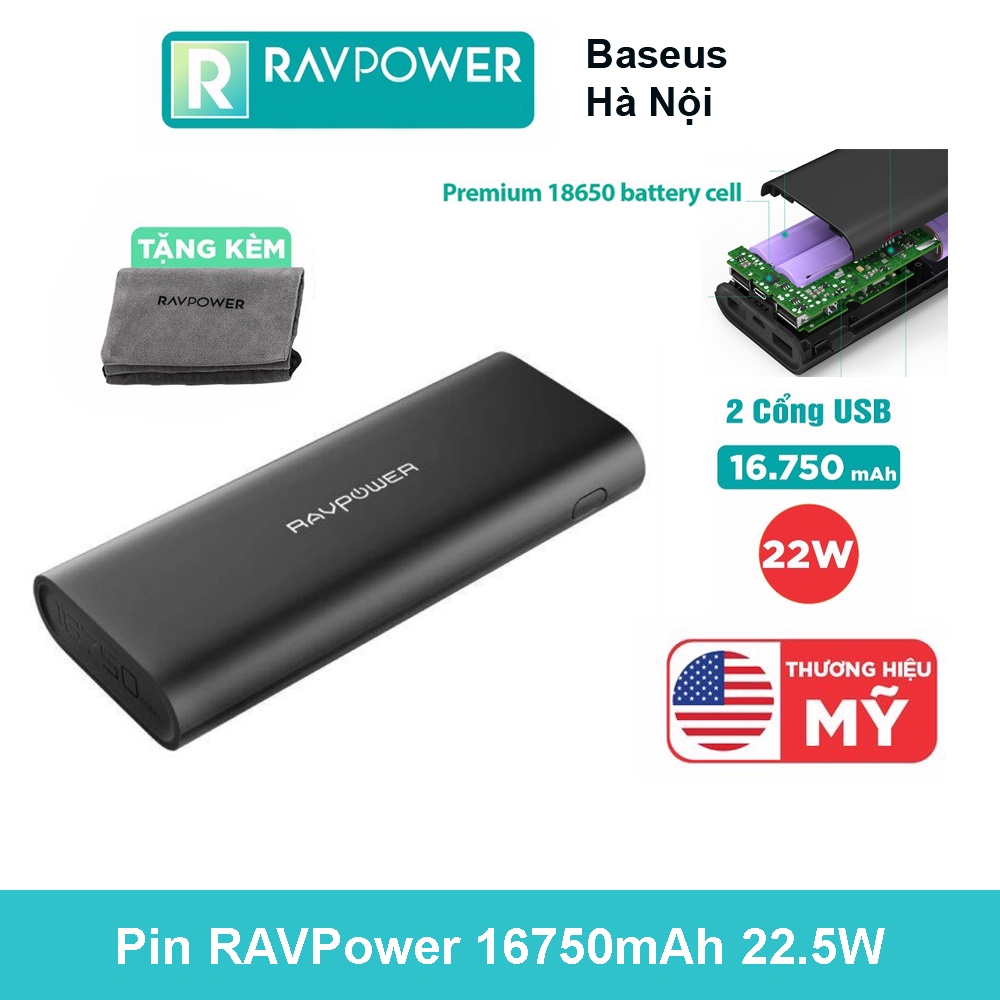 Sạc Dự Phòng RAVPower 16750mAh 22.5W iSmart 2.0 Sạc nhanh 12W Lõi 18650 Siêu bền - Hàng Chính Hãng RP-PB010