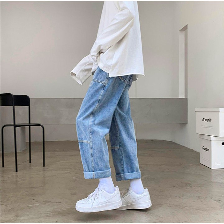 Quần jeans ống đứng, Quần vải jean bò baggy nam đẹp dáng Hàn Quốc phối dây mã QB-02