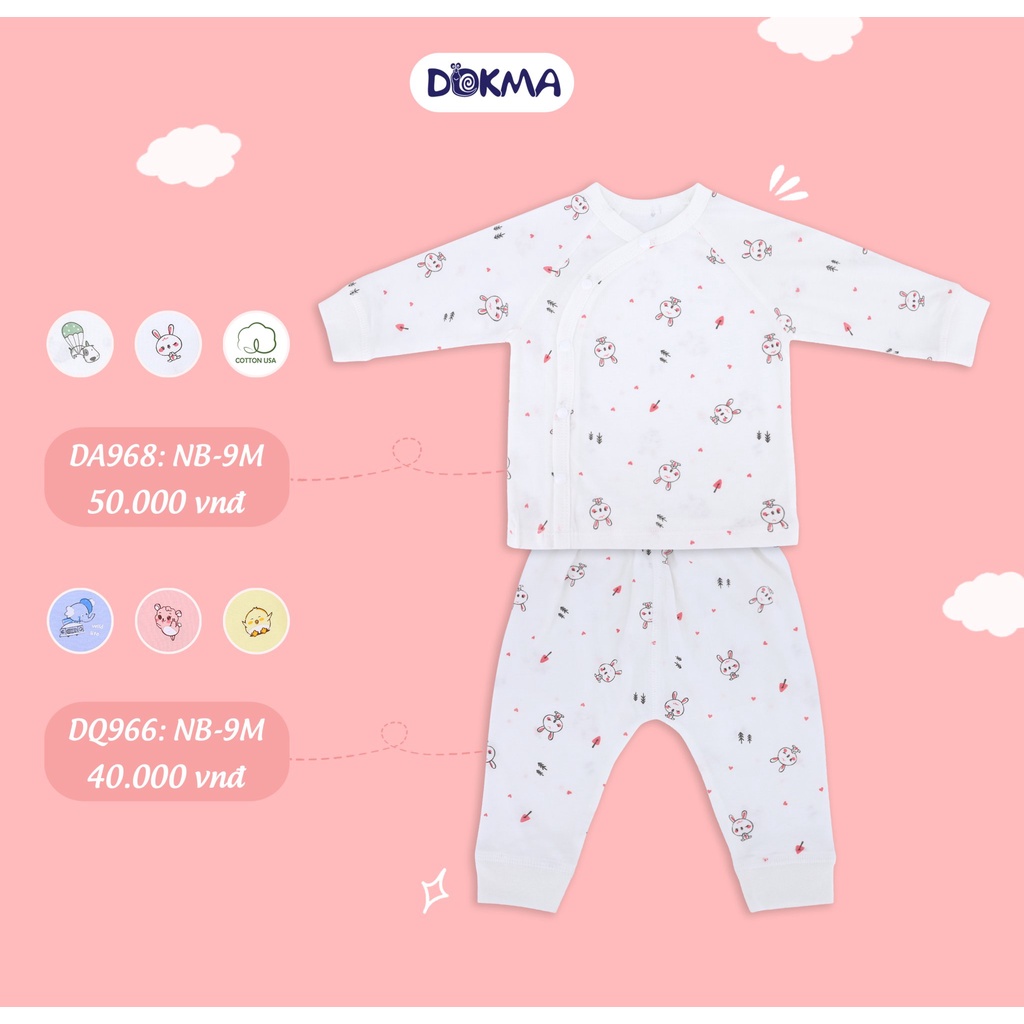 DB966/968 Bộ sơ sinh cài lệch, cài giữa dài tay cotton Dokma (0-9M)