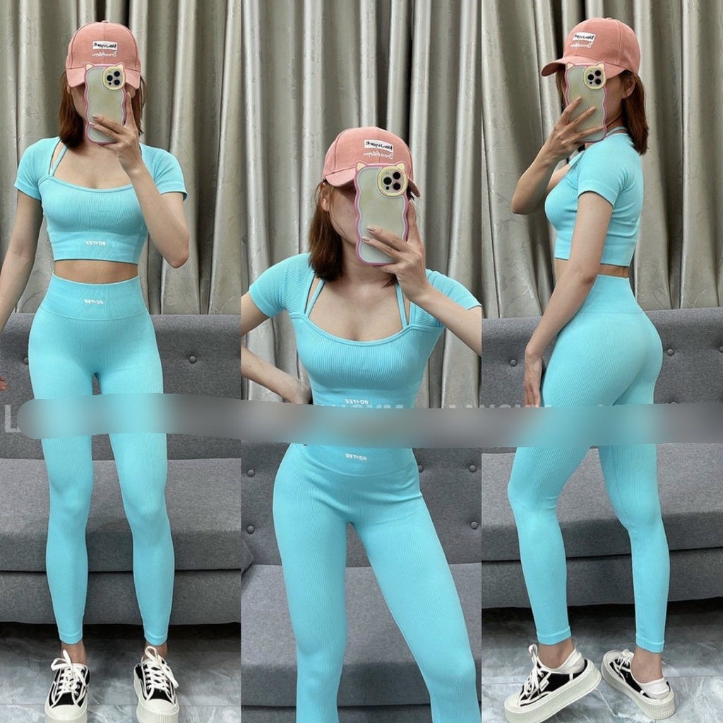 Đồ tập gym yoga thể thao nữ, set bộ dệt gân áo crop ngắn tay, quần dài nâng mông tôn dáng cao cấp Bin Sports BD170