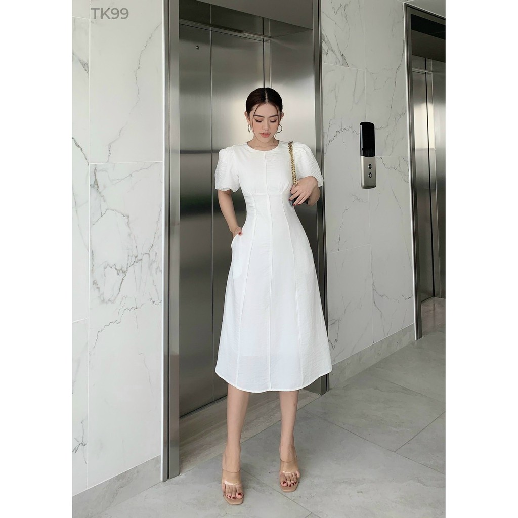 Đầm Midi Tay Phồng Phối Viền, Váy Đầm Công Sở Tay Phồng Thanh Lịch Zenna [Ảnh + Video thật] | BigBuy360 - bigbuy360.vn