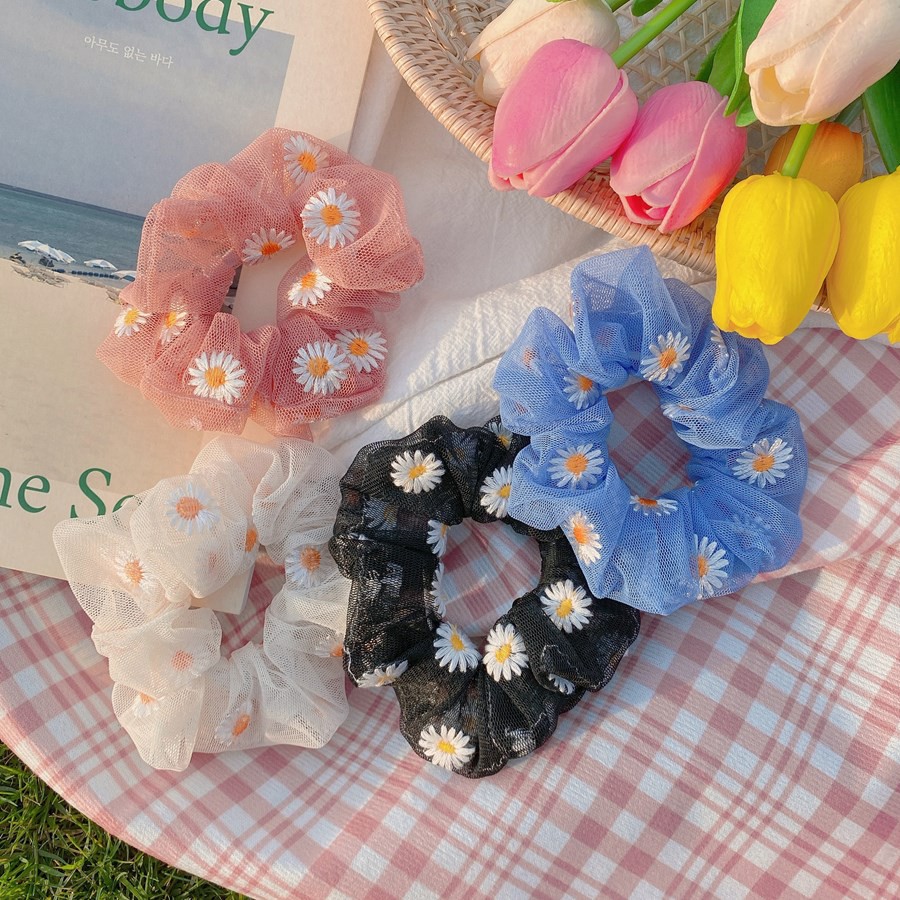 Scrunchies Cột Tóc Vải Voan Lưới Hoa Cúc Daisy và Lá Hot Trend Đáng Yêu