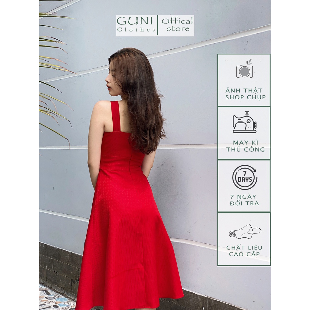 Đầm đỏ dự tiệc Guni búi cổ hai dây, đầm thiết kế.