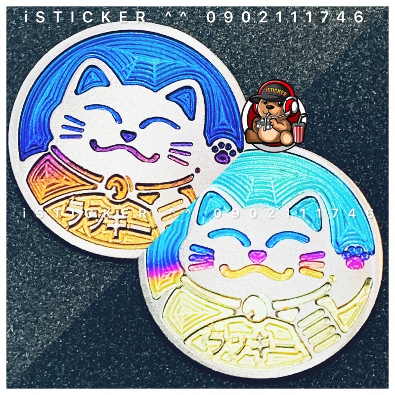 Tem logo sticker mèo may mắn, cầu tài chất liệu titan trang trí nhà cửa, xe, điện thoại, vali, laptop, mũ bảo hiểm