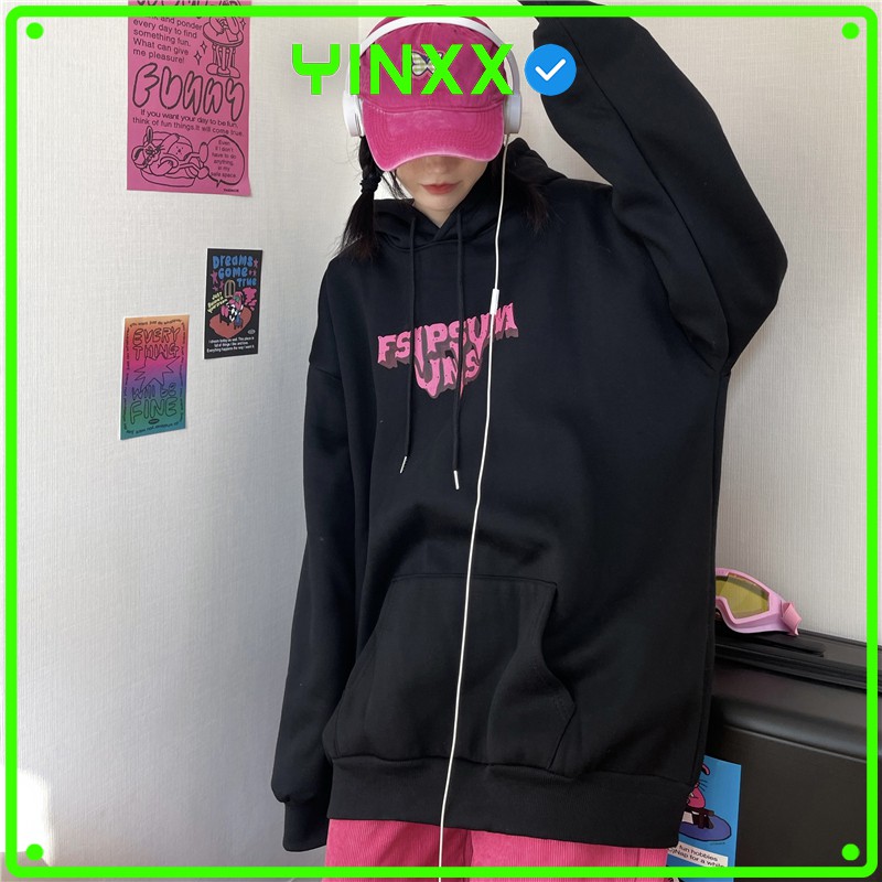 Áo hoodie nữ form rộng Yinxx, áo nỉ hoddie màu đen cute HD13