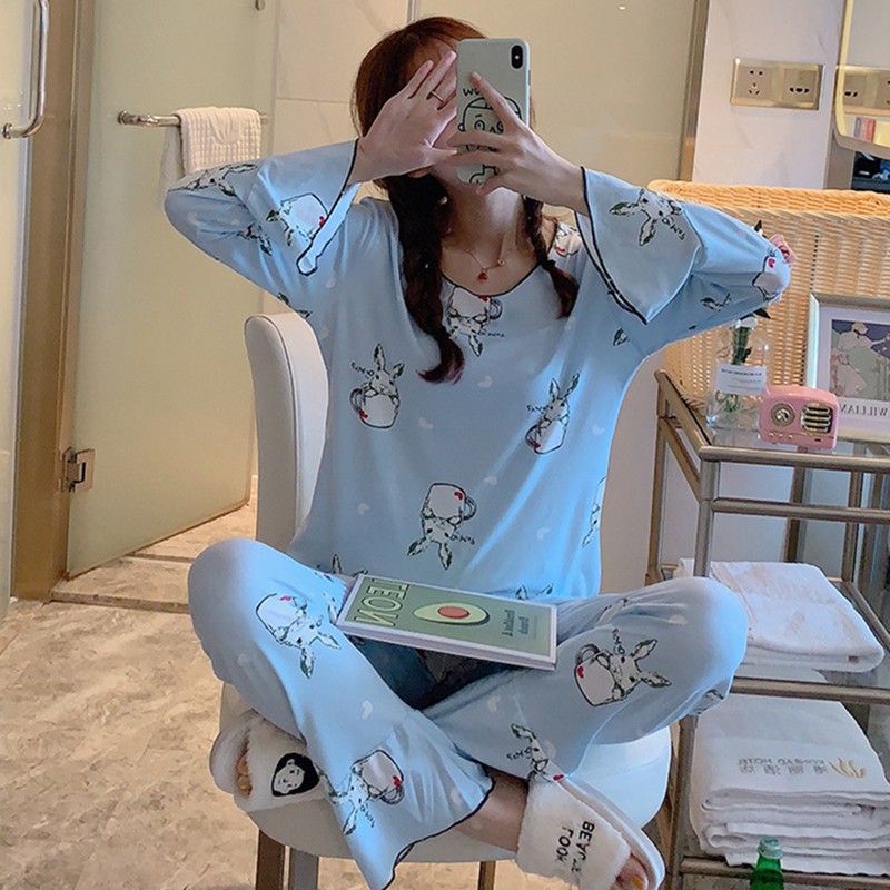 Bộ pijama dài tay , in họa tiết hoạt hình dễ thương cho nữ