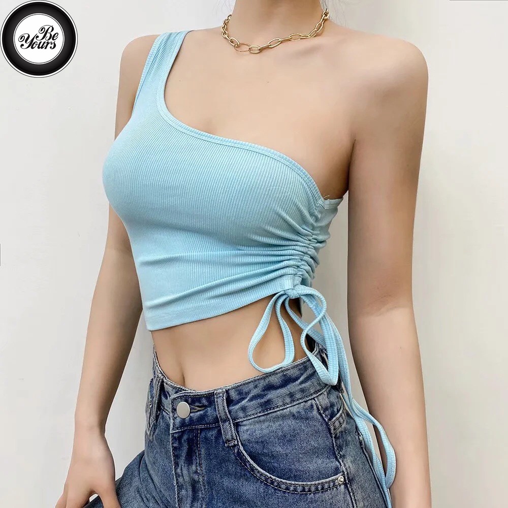 Áo Hở Vai 1 Bên Lưng 2 Lớp Có Mút Ngực Kiểu Croptop Ôm Dáng Gợi Cảm Chất Thun Gân "1 VAI RÚT DÂY"