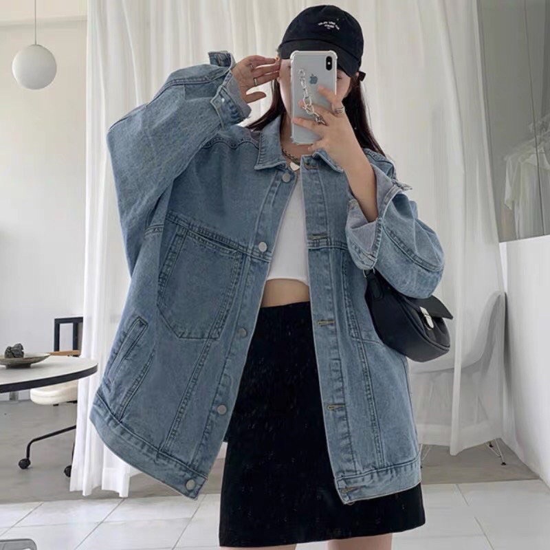 Áo khoác Jeans CHAMPION form rộng màu XANH/ĐEN  Nam nữ unisex  Áo khoác bò denim Jaystoree