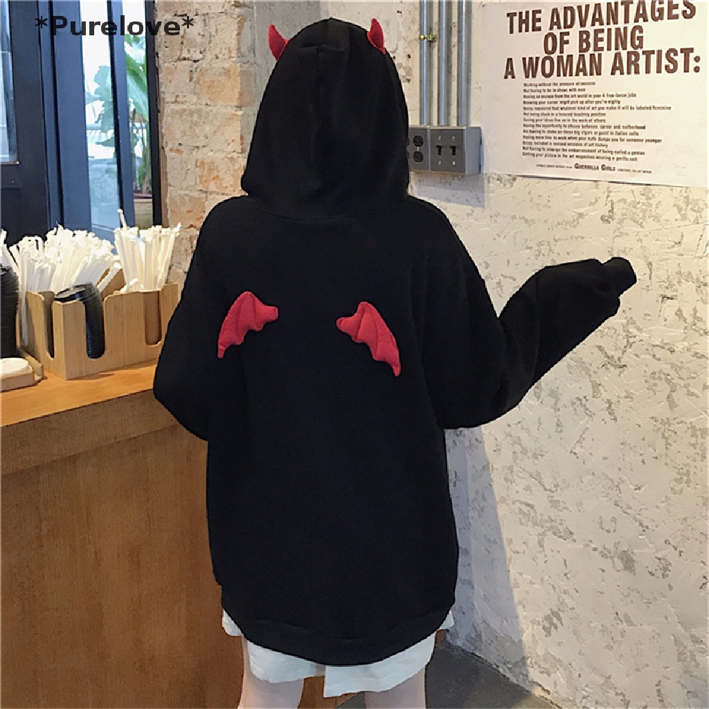 Purelove Áo Hoodie Có Túi Hình Cánh Quỷ Nhỏ Phong Cách Gothic Cho Nữ