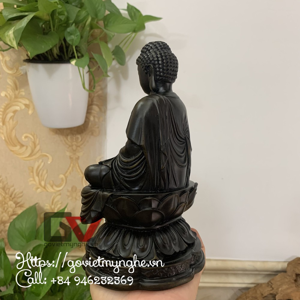 Tượng Đức Phật A Di Đà ngồi tọa thiền trên đài sen nguyên khối - Cao 20cm - Màu Nâu Đen