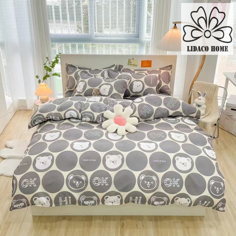 Bộ chăn ga gối cotton poly Lidaco decor phòng ngủ vintage - Gấu ok (SP001480)