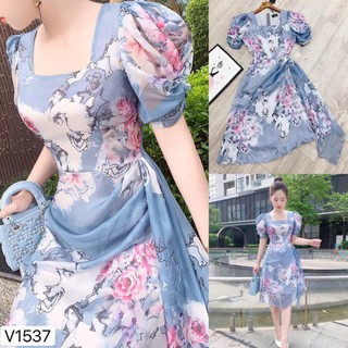 Đầm hoa nhí 💗 Đẹp DVC ❤️ Đầm hoa xanh voan tơ V1537