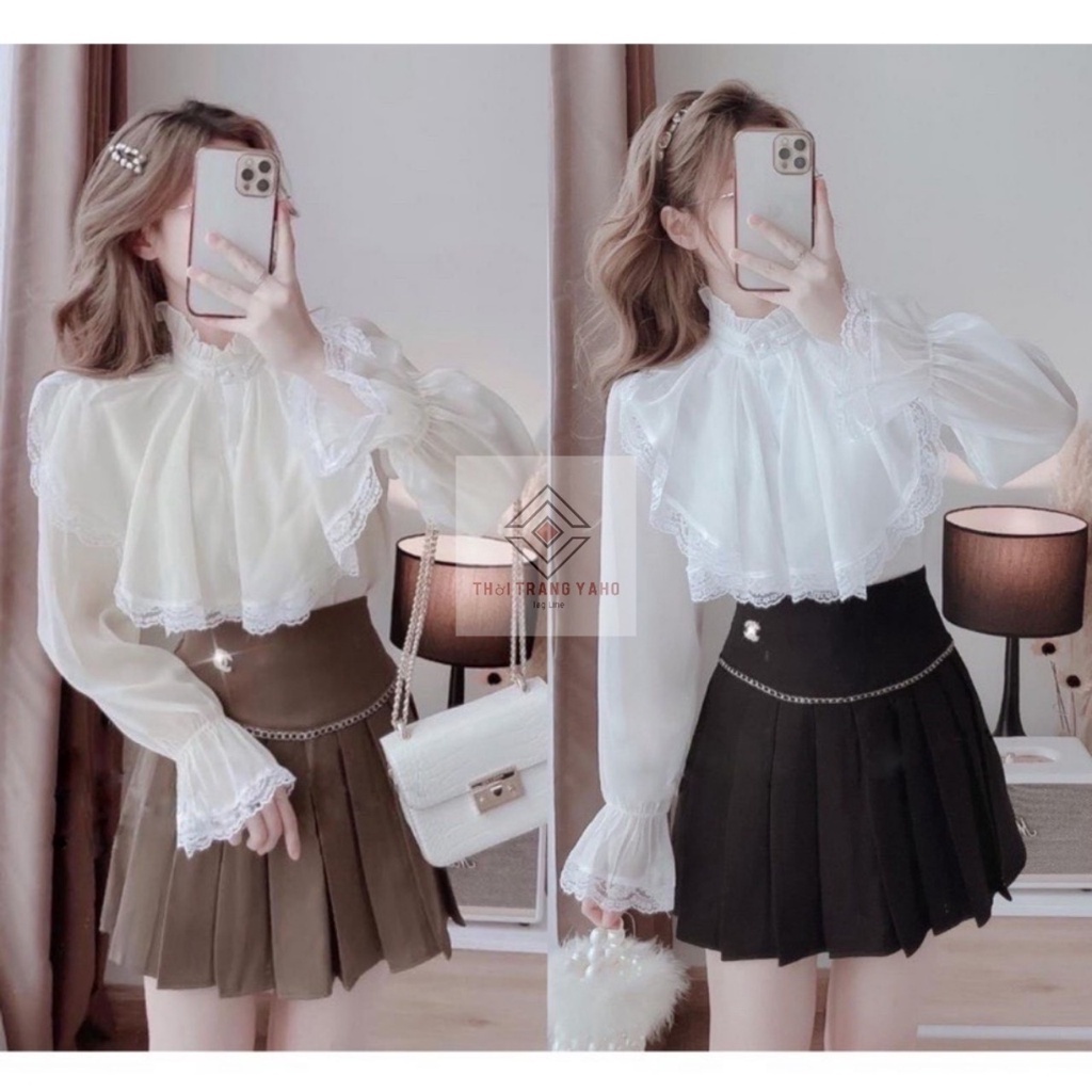 Áo sơ mi nữ kiểu Hàn Quốc bánh bèo tiểu thư đẹp form rộng bigsize cổ ren dài tay phồng màu trắng be - sơ mi nữ họa tiết
