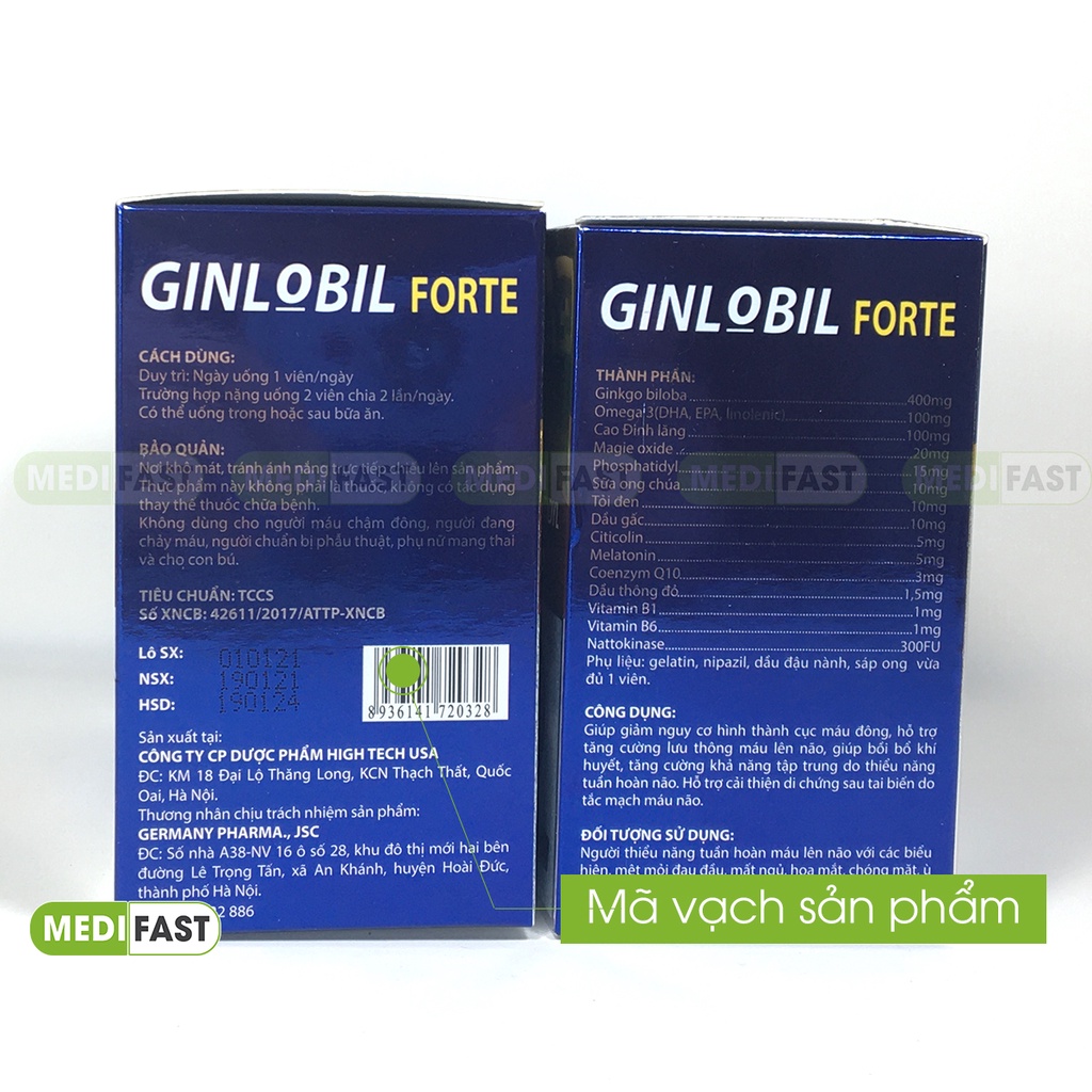 Tăng cường lưu thông máu não GINLOBIL FORTE Hộp 100v - Viên uống bổ sung dưỡng chất cho não chứa Citicolin, Omega 3