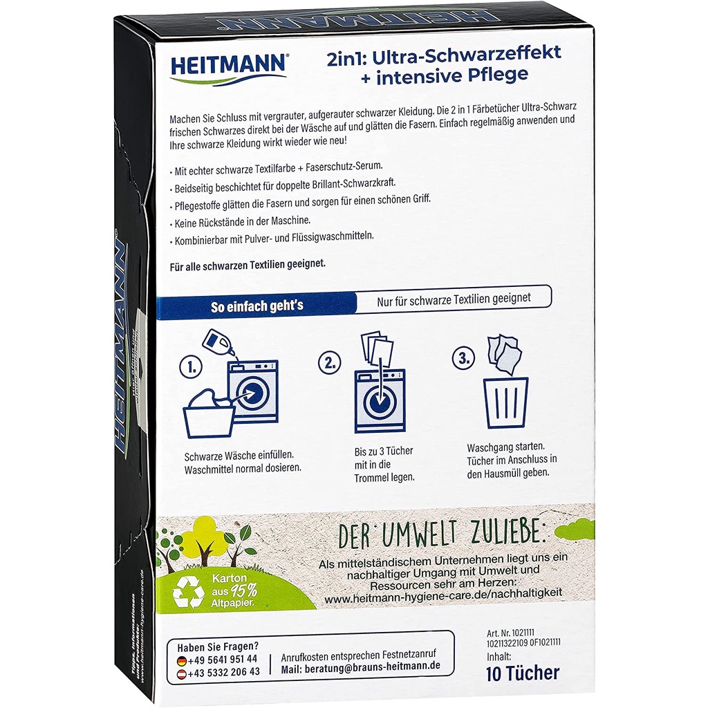 Hộp 10 tờ Giấy giặt đen Heitmann bảo vệ và tái tạo màu đen áo quần bạc màu