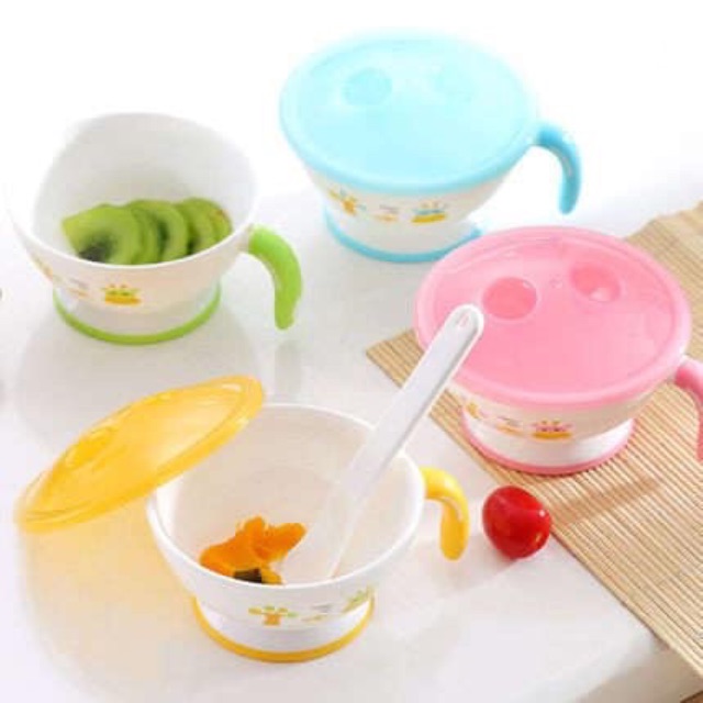 Bộ bát và thìa tập ăn cho bé (tặng kèm bộ thìa dĩa báo nóng + yếm ăn silicon)