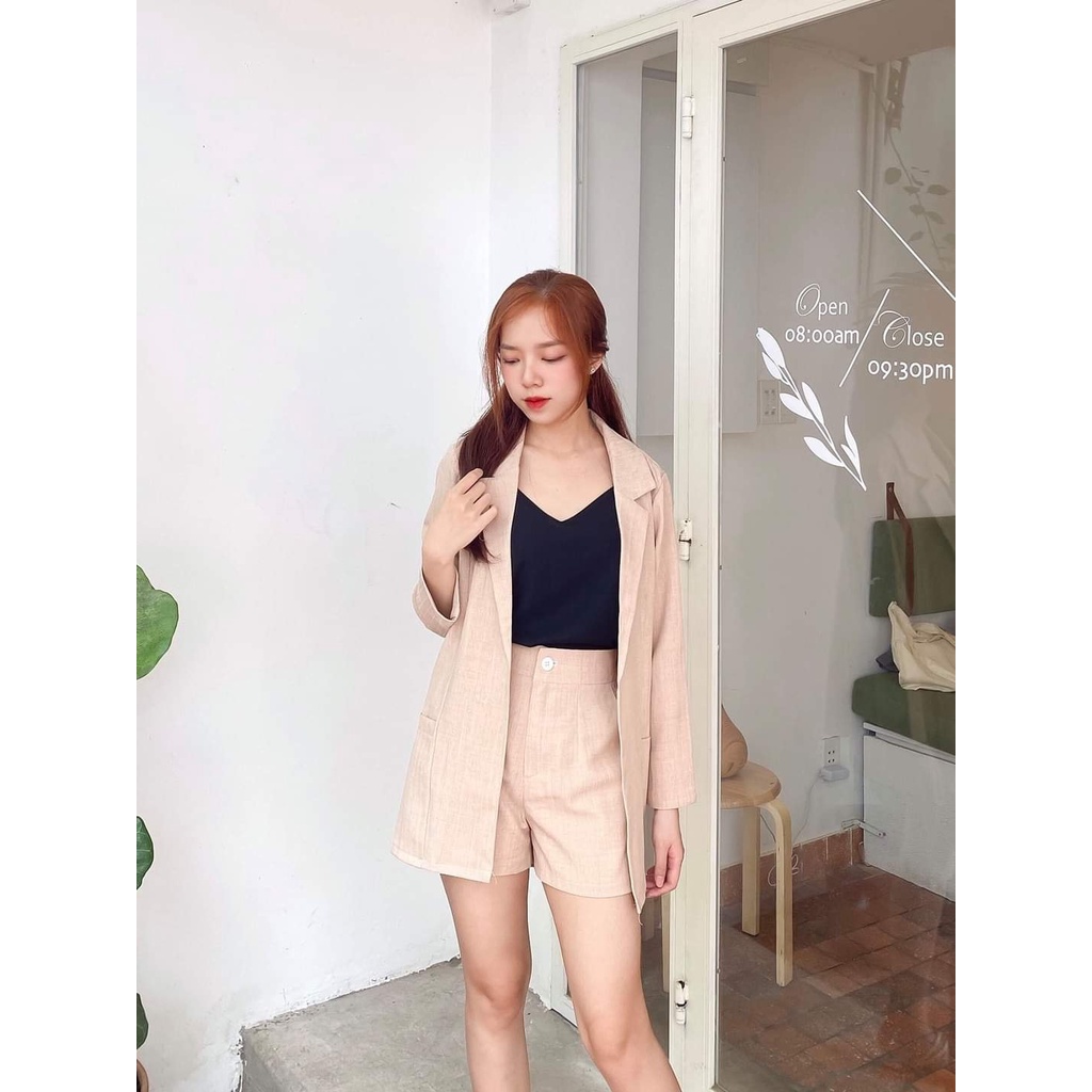 Set áo vest blazer phối quần sort lưng thun A014 Crazyteen vải cotton thái có 3 màu nude , đen , nâu đất .