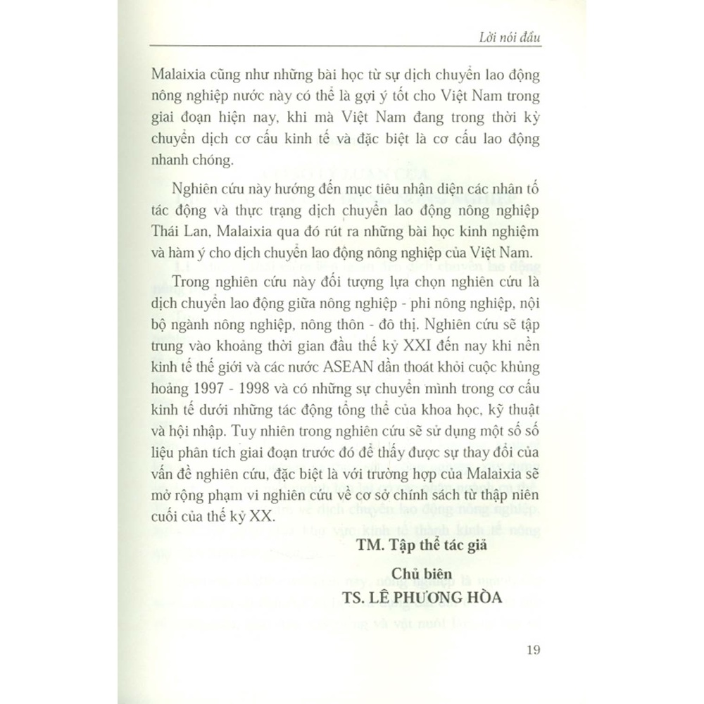 Sách - Dịch Chuyển Lao Động Nông Nghiệp Của Thái Lan, Malaixia Và Bài Học Kinh Nghiệm Cho Việt Nam