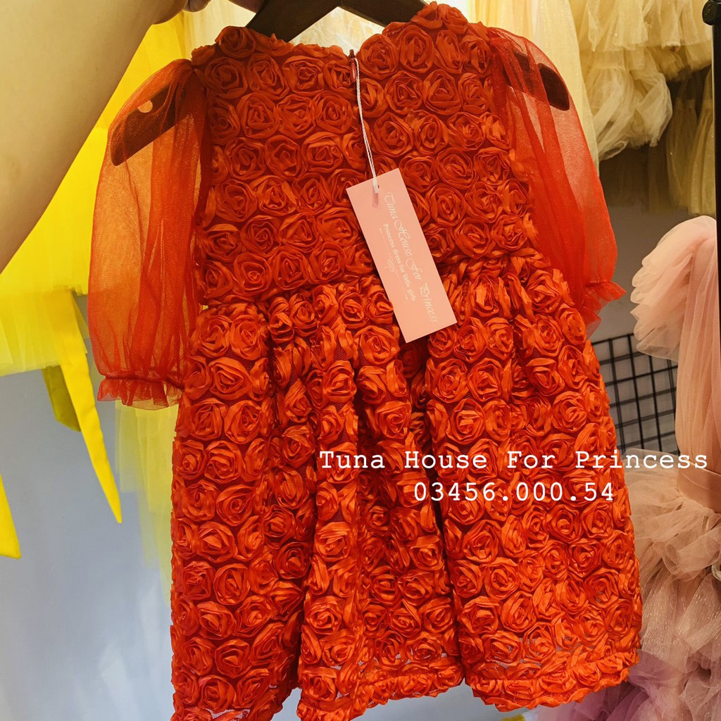 Váy đầm xoè công chúa hoa hồng đỏ mặc thôi nôi đầy tháng tặng băng đô - Tuna House For Princess