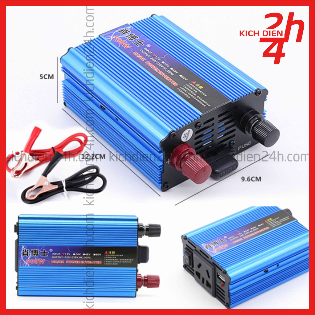 Kích điện 12V lên 220V 500W, Hàng chuẩn nội địa TQ, Tặng kèm kẹp cá sấu