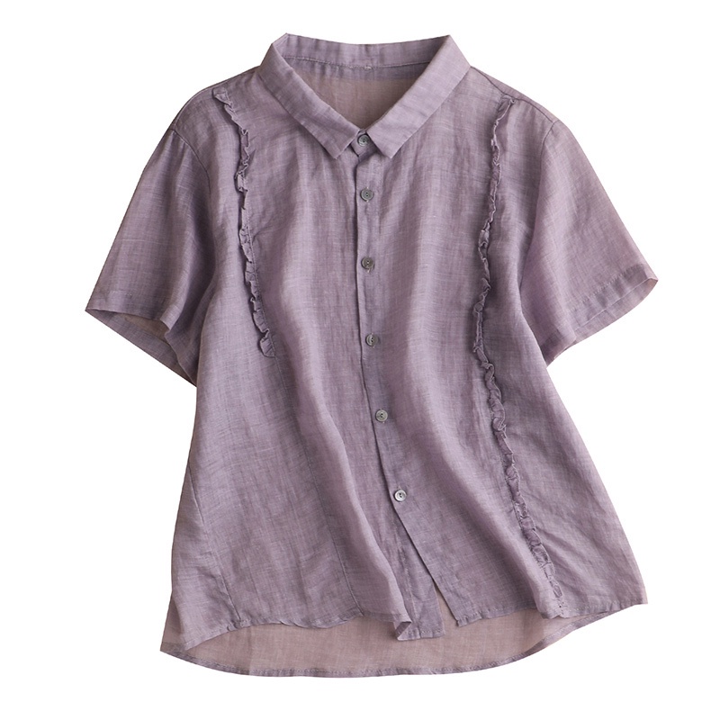 Áo sơ mi vải lanh cotton băng phối ren ngắn tay mỏng phong cách Nhật Bản