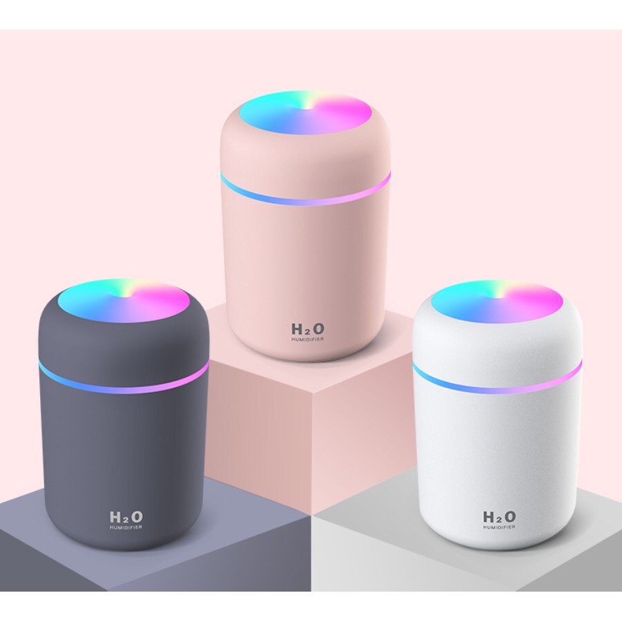 Máy Xông tinh dầu phun sương khuếch tán tinh dầu mini tạo ẩm không khí H20 Humidifier 300ml - 2 chế độ phun, đèn ngủ LED