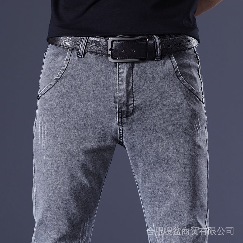 Autumn fleece-lined thickened retro gray jeans men's slim-fit trendy skinny pants men's Korean-style stretch pants