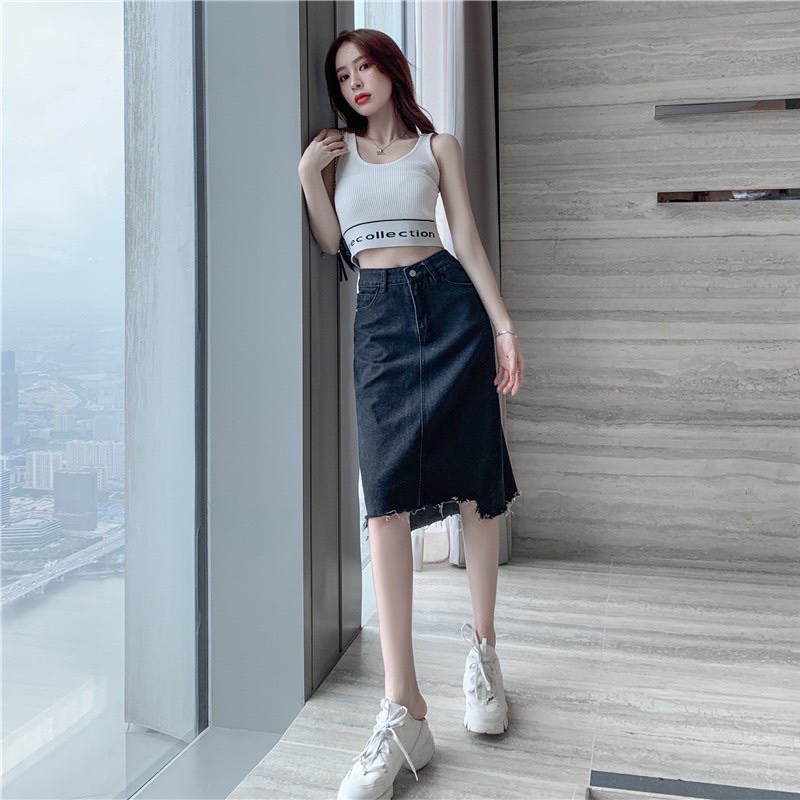 Chân Váy Midi SUNNNY Chân Váy Jean Cạp Cao Rách Gấu Phong Cách Ulzzang_A5